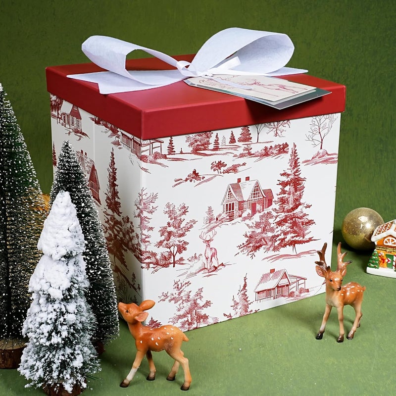 LaRibbons Large Christmas Gift Boxes with Lids, 10x10x10 Inches Winter Tree & Cabin Design Folding Square Gift Boxes for Holiday Decorative, Xmas, Present, Storage, Red - Image 3